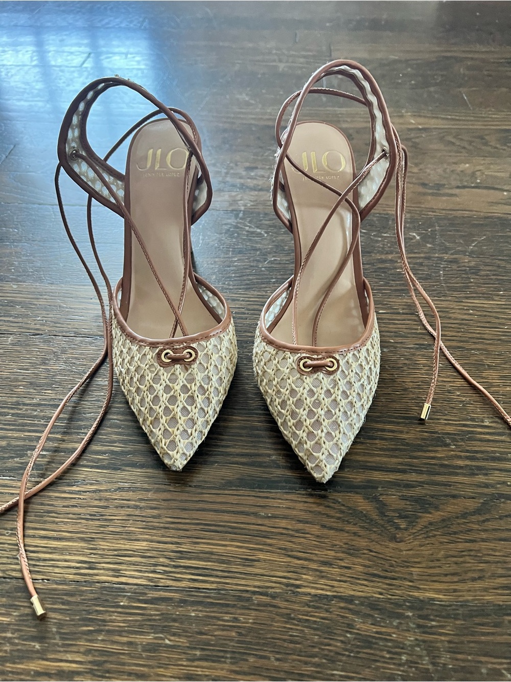 Jennifer Lopez Cream Lace-Overlay Pointed Toe Heels with Ankle Wrap